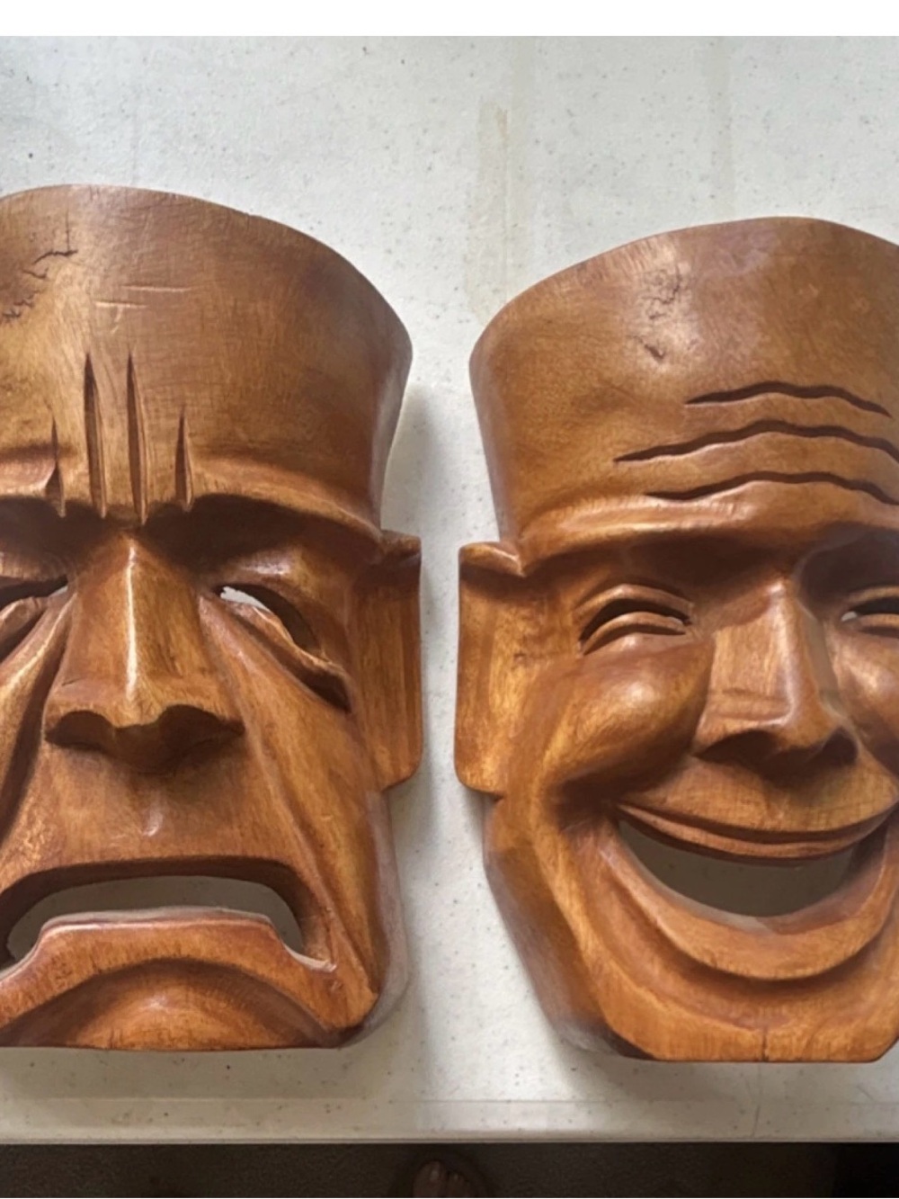 Hand-Carved Theater Mask Set - Brown Wood Finish